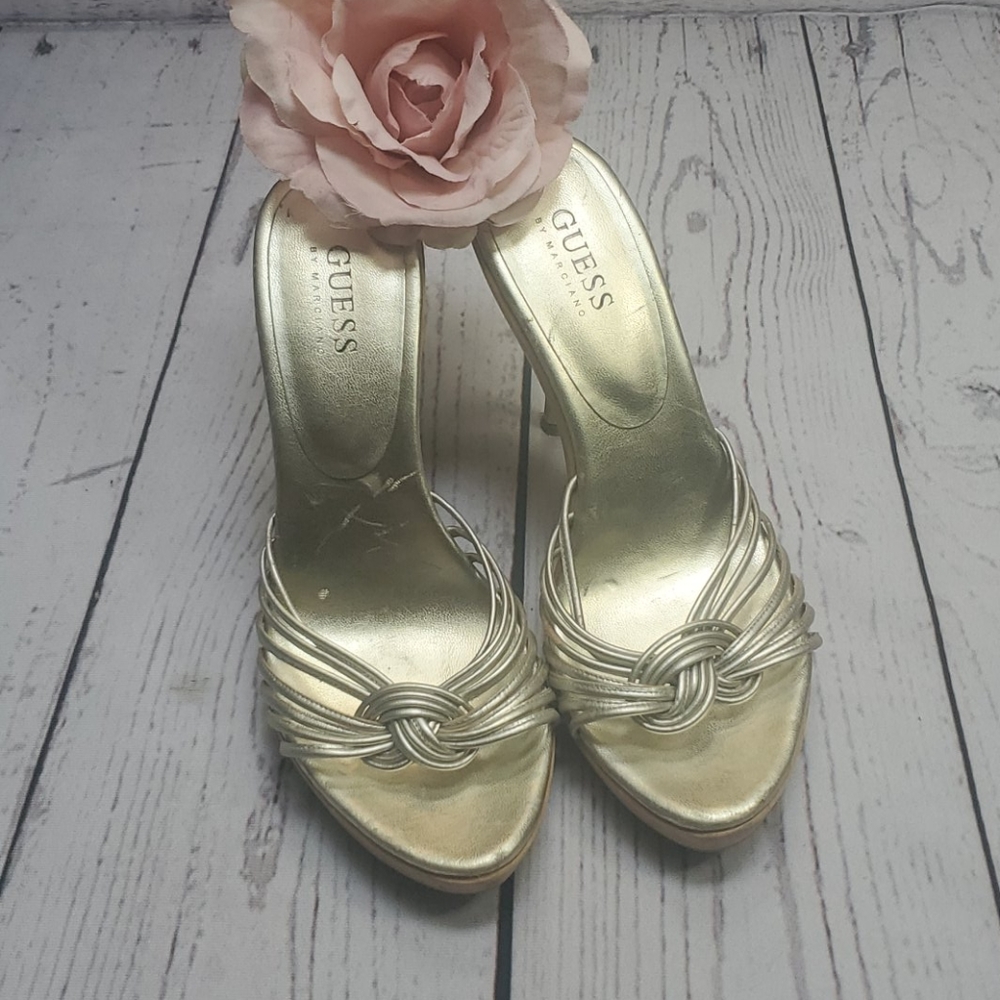 GUESS gold heels wooden sandals